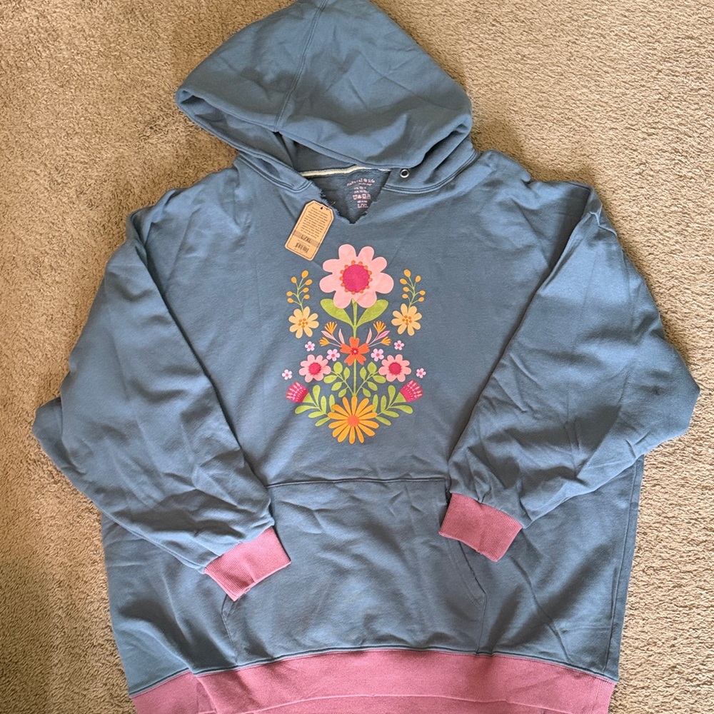Natural Life - Blue Floral Graphic Hoodie with Pink Trim